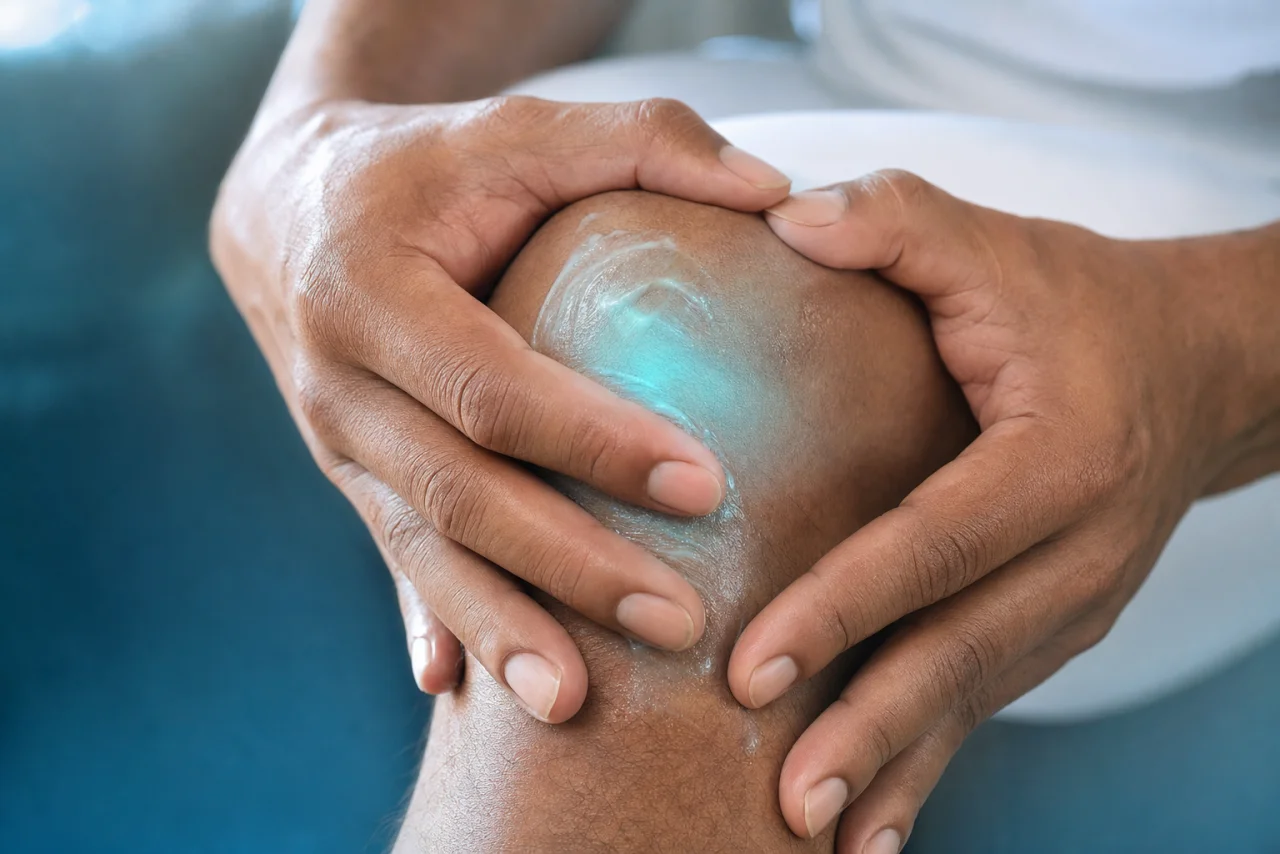 Manos masajeando una rodilla con la crema refrescante Vitaflex para aliviar el dolor articular
